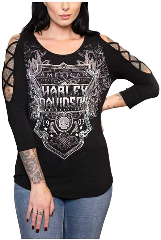 Harley-Davidson Women's Stones Soul Shield 3\/4 Sleeve Scoop Neck Top - Black