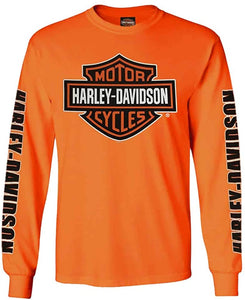 Harley-Davidson Men's Bar & Shield Long Sleeve Crew-Neck Shirt, Safety Orange