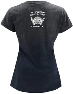 Harley-Davidson Women's Skull & Wings V-Neck Short Sleeve Tee, Navy & Gray Ombre