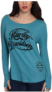 Harley-Davidson Women's Embellished H-D Script Long Sleeve Boatneck Shirt, Blue