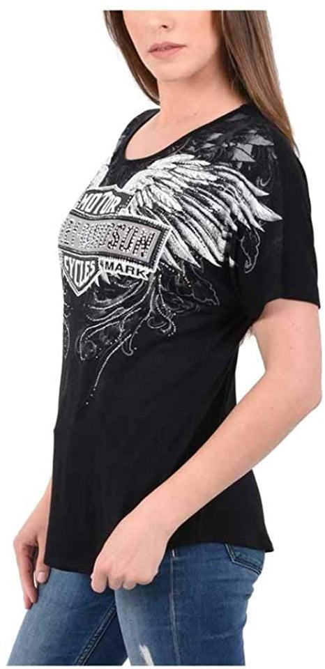 Harley-Davidson Women's Alpha Embellished Short Sleeve Loose Fit T-Shirt, Black