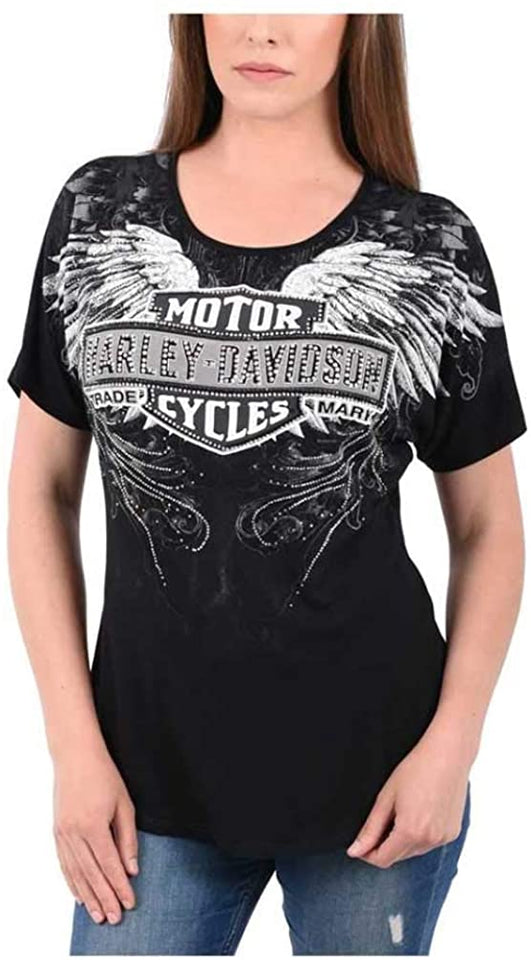 Harley-Davidson Women's Alpha Embellished Short Sleeve Loose Fit T-Shirt, Black