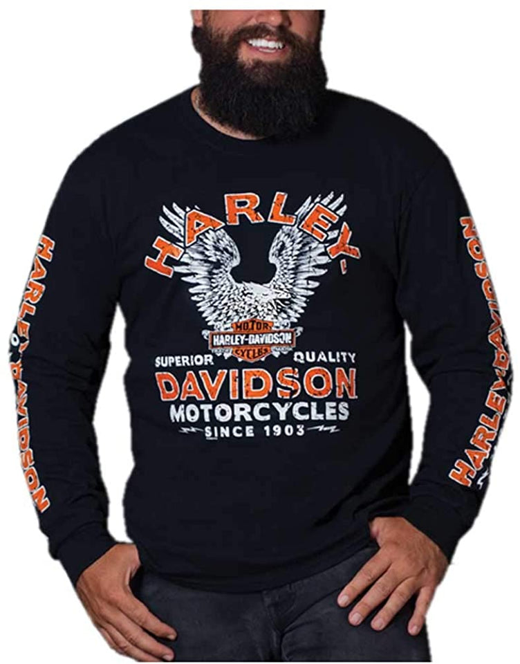 Harley-Davidson Men's Raging Eagle Long Sleeve Crew-Neck Cotton T-Shirt, Black