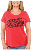 Harley-Davidson Womens Rhinestone Swirly Script Scoop Neck Short Sleeve Tee, Red