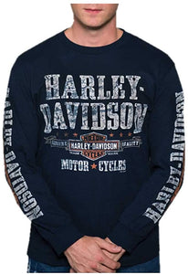 Harley-Davidson Men's Distressed Adventurer Long Sleeve Crew-Neck Shirt - Navy