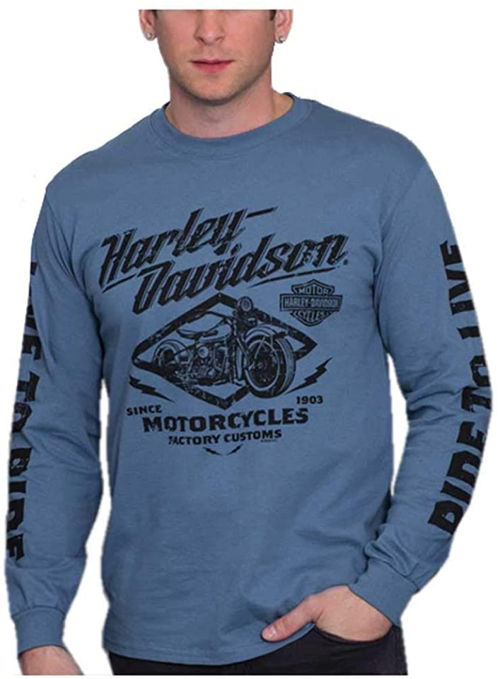 Harley-Davidson Men's Custom Bikes Long Sleeve Crew-Neck Cotton Shirt, Indigo