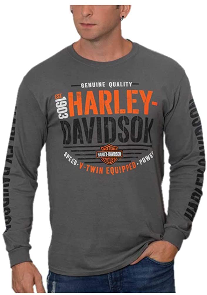 Harley-Davidson Men's Hype H-D Long Sleeve Crew-Neck Cotton T-Shirt, Charcoal