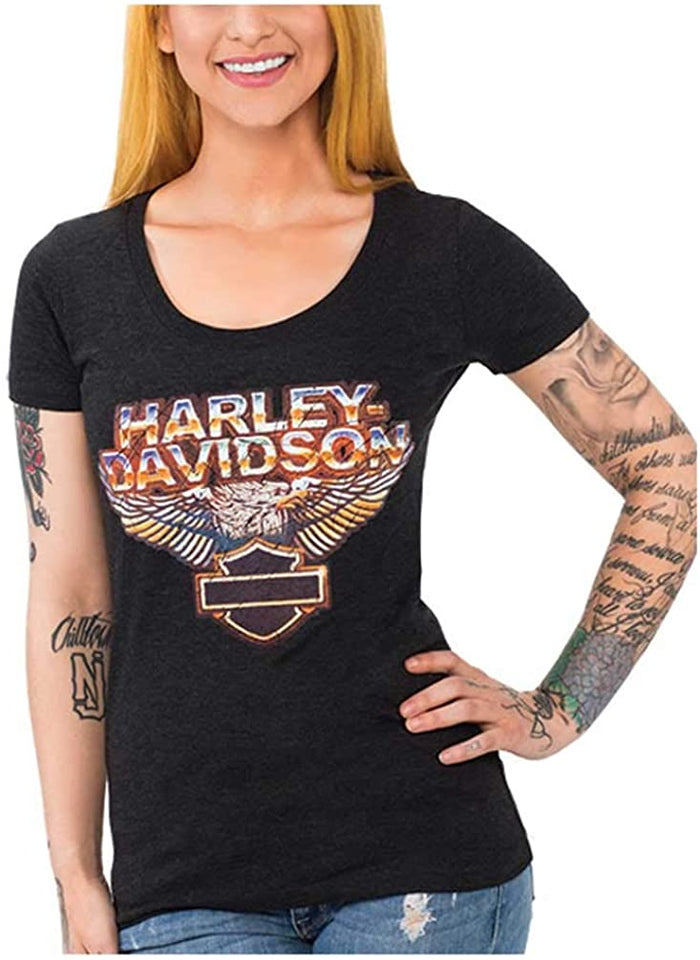 Harley-Davidson Women's Chrome Eagle Short Sleeve Scoop Neck T-Shirt, Black