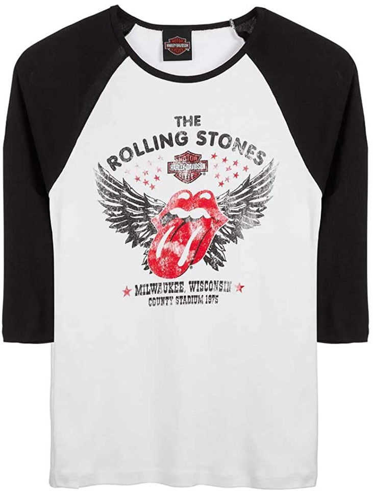 Harley-Davidson Women's Rolling Stones Winged 3\/4 Sleeve Raglan Shirt - White