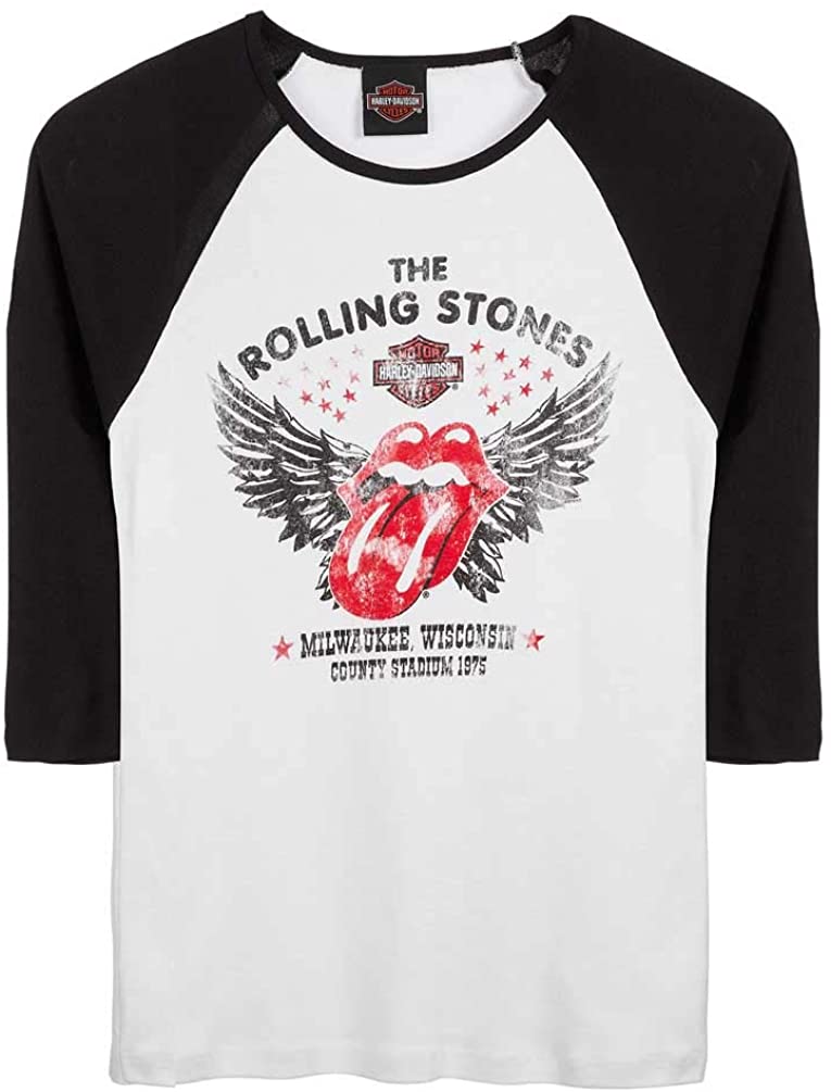 Harley-Davidson Women's Rolling Stones Winged 3\/4 Sleeve Raglan Shirt - White