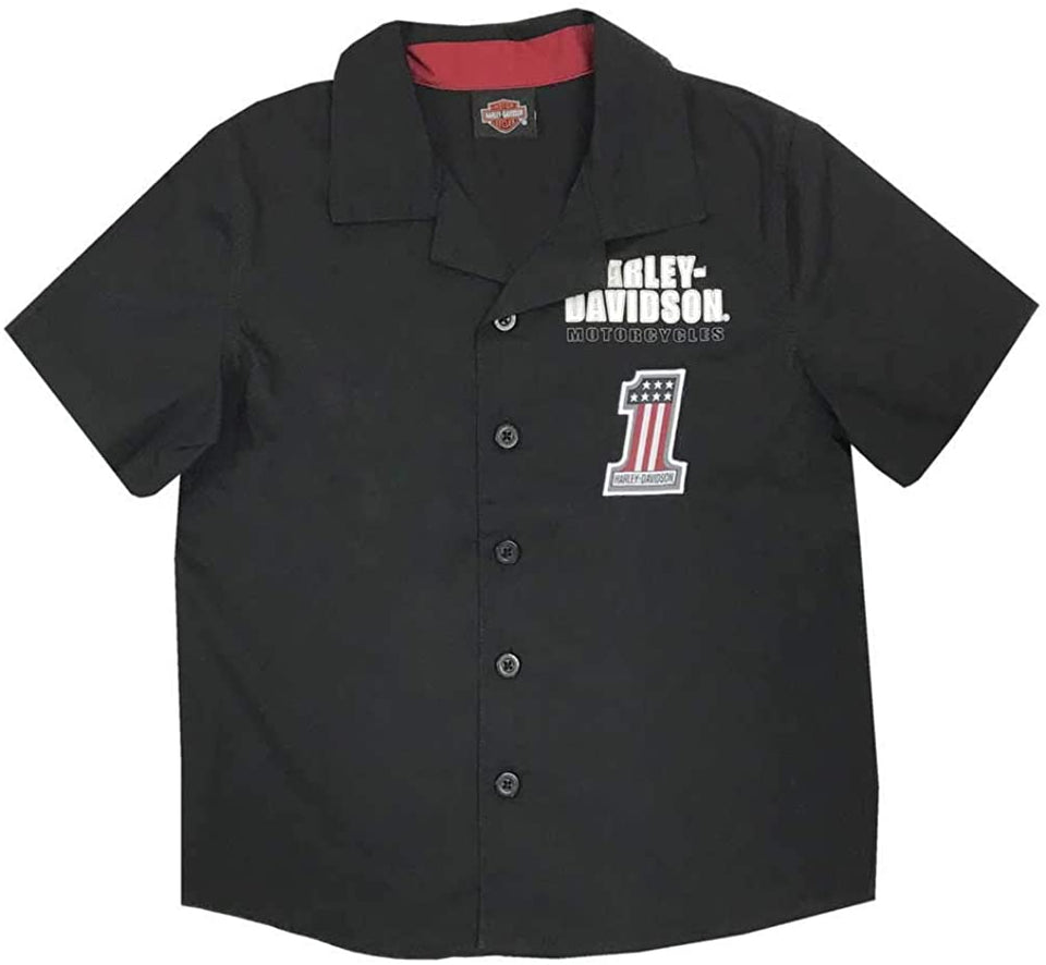 Harley-Davidson Big Boys' #1 RWB Short Sleeve Button Shop Shirt - Black