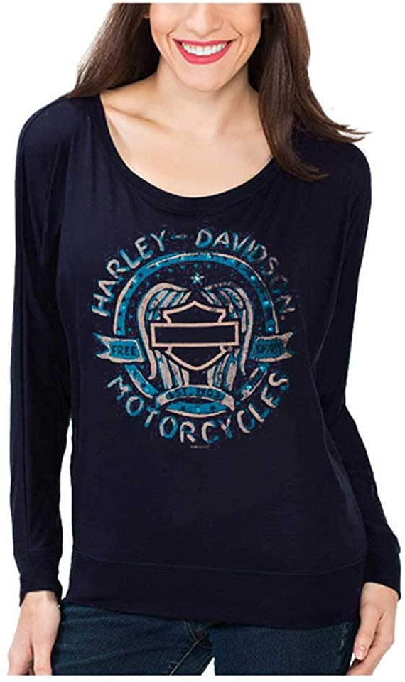 Harley-Davidson Women's Painted Embellished Wings Long Sleeve Shirt, Dark Blue