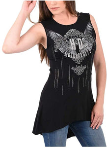 Harley-Davidson Women's Silver Embellished Lace Back Sleeveless Tank Top - Black