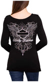 Harley-Davidson Women's Metal Wings Long Sleeve Draped Front Top - Black