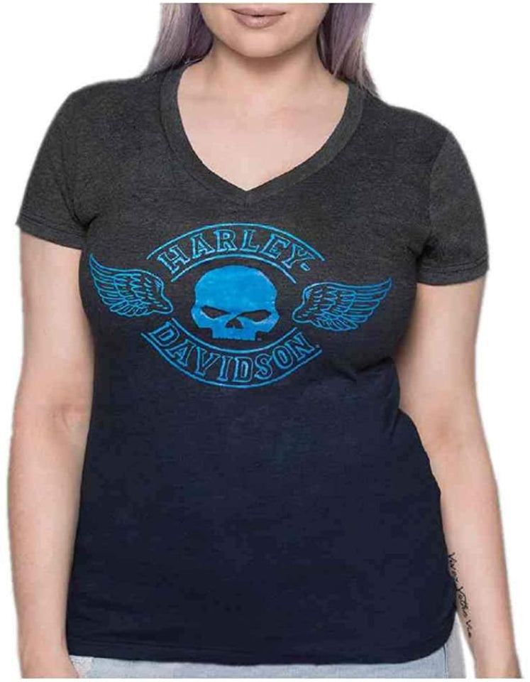 Harley-Davidson Women's Skull & Wings V-Neck Short Sleeve Tee, Navy & Gray Ombre