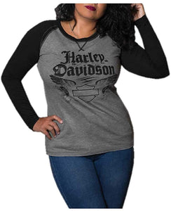 Harley-Davidson Women's Bling Winged B&S Raglan Long Sleeve Shirt, Gray\/Black