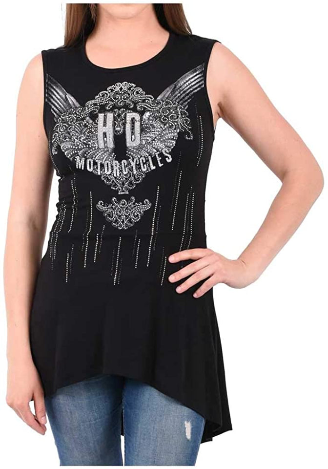 Harley-Davidson Women's Silver Embellished Lace Back Sleeveless Tank Top - Black