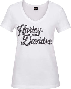 Harley-Davidson Military - Women's White V-Neck Graphic T-Shirt - Camp Foster | Swirled Lace