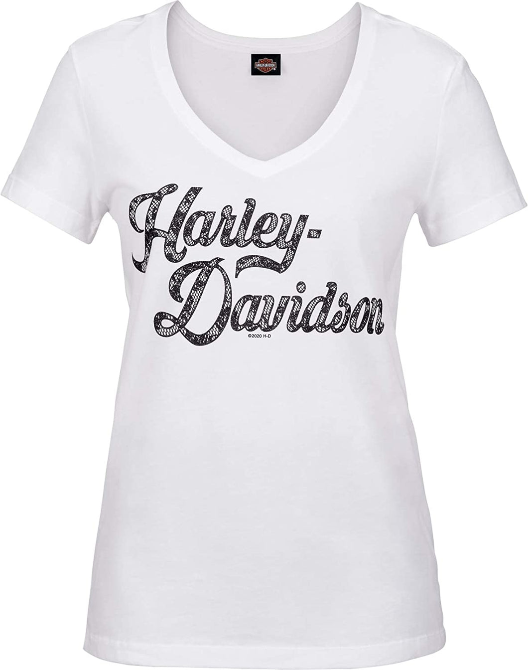 Harley-Davidson Military - Women's White V-Neck Graphic T-Shirt - Camp Foster | Swirled Lace