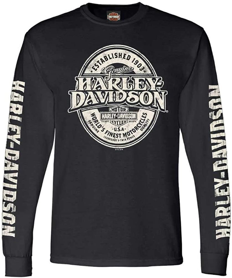 Harley-Davidson Men's Distressed Branded Oval Long Sleeve Crew Neck Shirt, Black