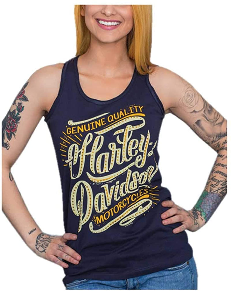 Harley-Davidson Women's Embellished Script Sleeveless Full Back Tank Top, Blue