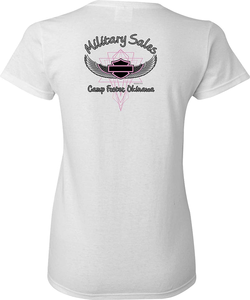 Harley-Davidson Military - Women's White V-Neck Graphic T-Shirt - Camp Foster | Swirled Lace