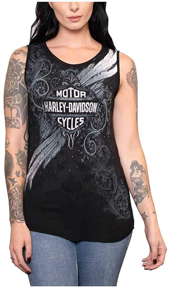 Harley-Davidson Women's Feathers & Stones Scoop Neck Sleeveless Tank Top - Black