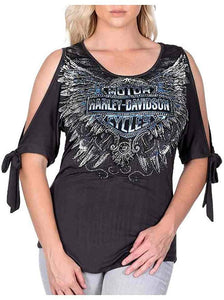 Harley-Davidson Women's Voltaire Embellished 3\/4 Sleeve Cold Shoulder Top, Gray