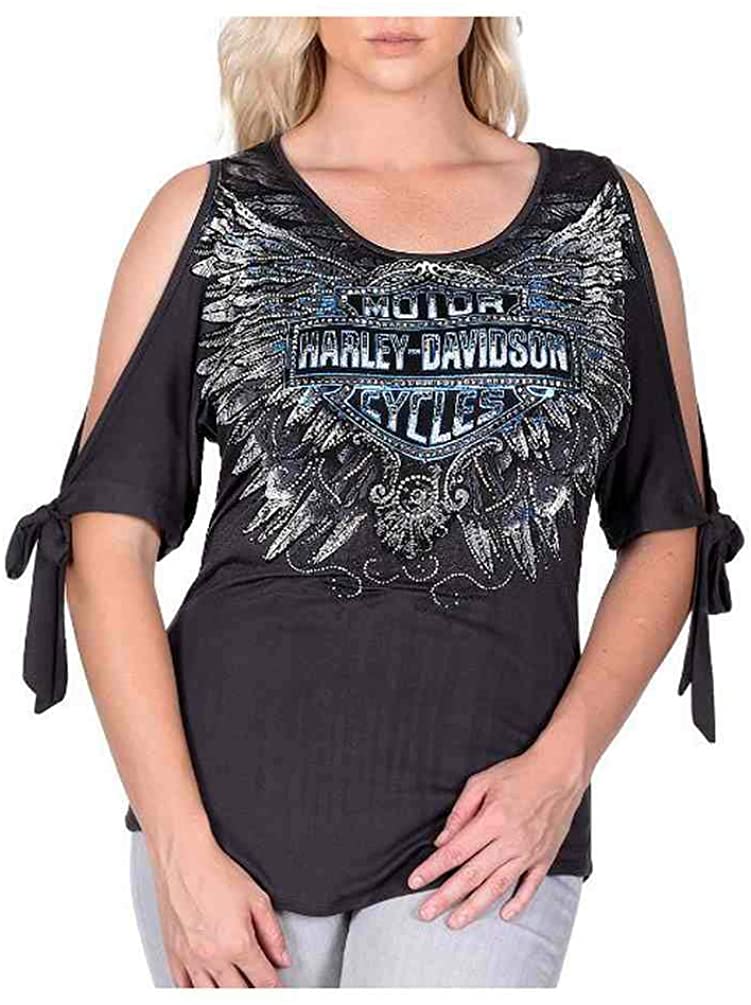 Harley-Davidson Women's Voltaire Embellished 3\/4 Sleeve Cold Shoulder Top, Gray