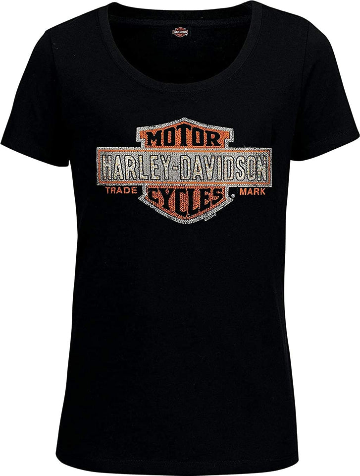 Harley-Davidson Military - Women's Black Scoop Neck Bar and Shield T-Shirt with Rhinestones - Aviano Air Base | Multiply