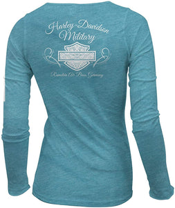 Harley-Davidson Military - Women's Blue Marle Polyblend Long-Sleeve Graphic Raglan T-Shirt - Ramstein Air Base | Amorous