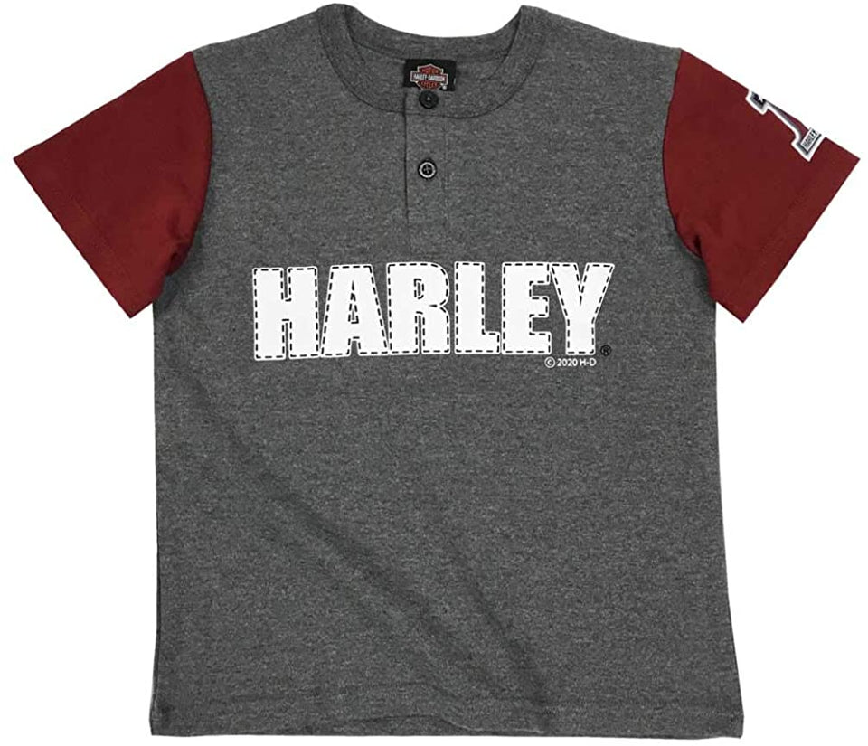 Harley-Davidson Big Boys' H-D Short Sleeve Knit Henley Shirt - Gray & Maroon