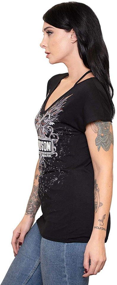 Harley-Davidson Womens Yonder Trademark B&S V-Neck Black Short Sleeve T-Shirt