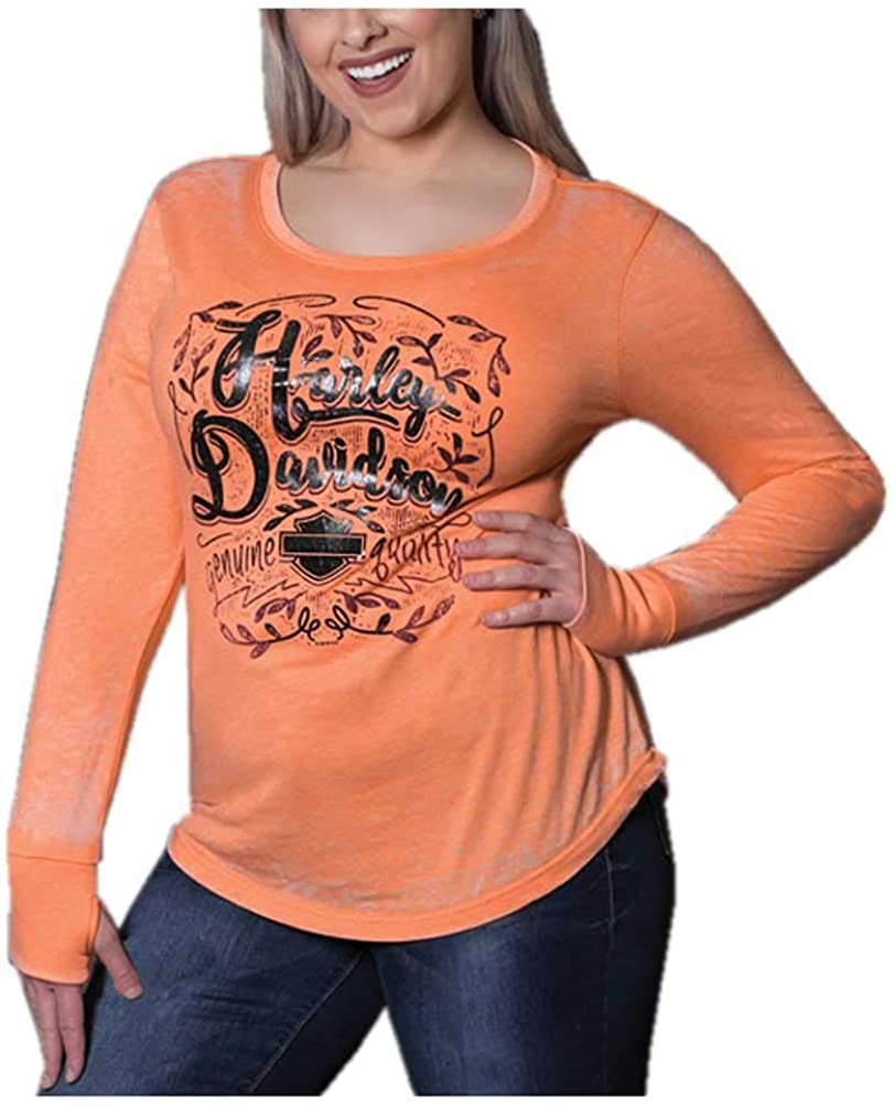 Harley-Davidson Women's Foiled Script Long Sleeve Scoop Neck Shirt, Orange