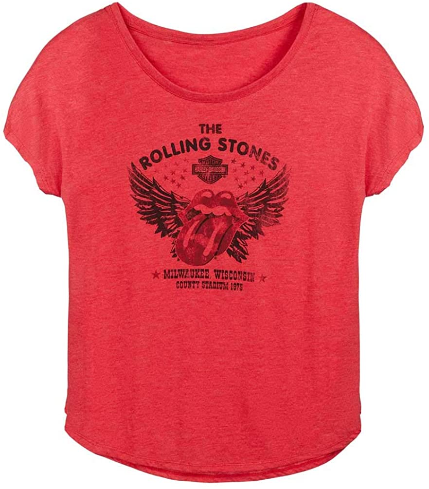 Harley-Davidson Women's Rolling Stones Winged Short Sleeve Curved Hem Tee - Red