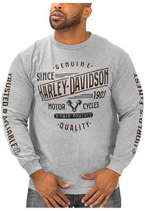 Harley-Davidson Men's V-Twin Powered Long Sleeve Crew-Neck Cotton Shirt, Gray