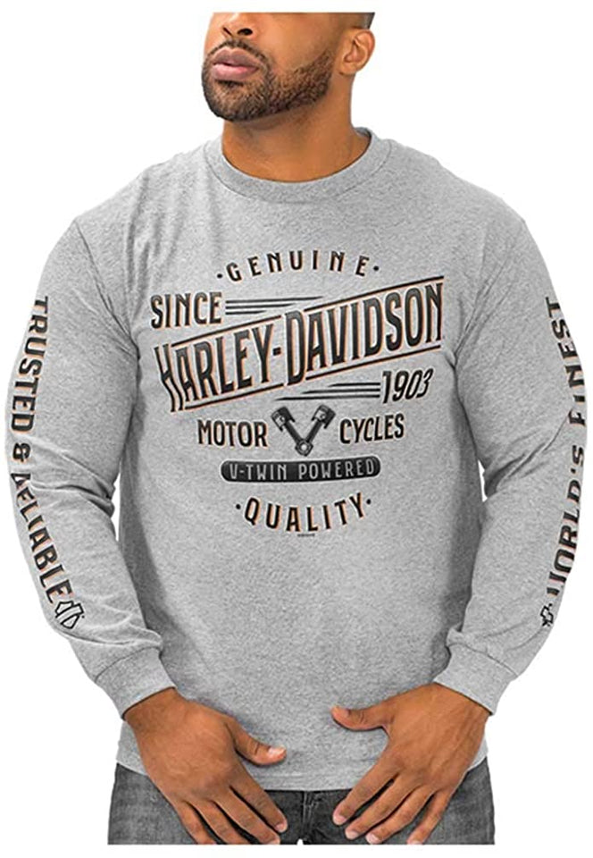 Harley-Davidson Men's V-Twin Powered Long Sleeve Crew-Neck Cotton Shirt, Gray