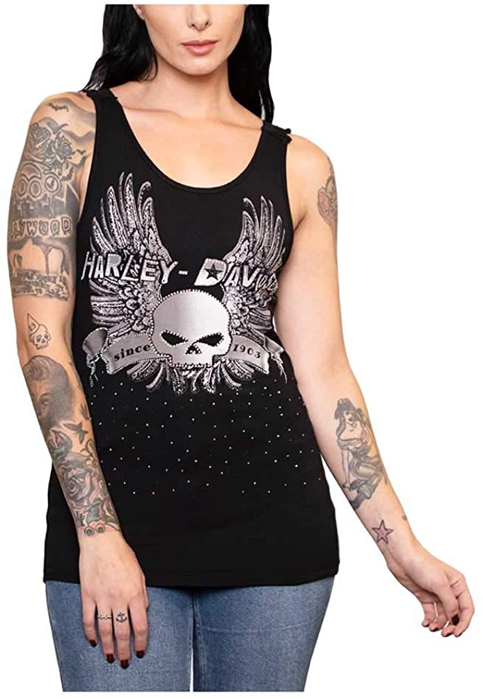 Harley-Davidson Women's Bling Winged Skull Crochet Trim Sleeveless Tank Top