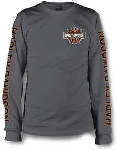 Harley-Davidson Men's Long Sleeve Orange Bar & Shield Grey Shirt 30291963