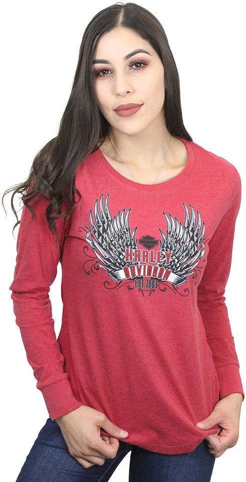 Harley-Davidson Womens Humble Brag Winged Banner Red Long Sleeve T-Shirt