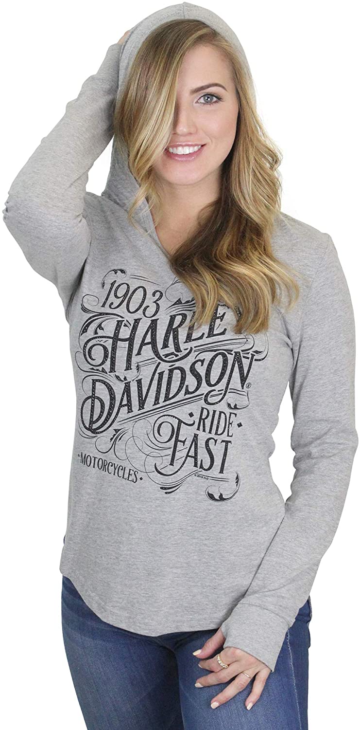 Harley-Davidson Womens Filigree Ride Fast V-Neck Grey Long Sleeve Hoodie