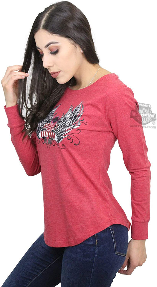 Harley-Davidson Womens Humble Brag Winged Banner Red Long Sleeve T-Shirt