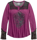 Harley-Davidson Women's Distressed Skull & Lace Henley Shirt, Magenta 96058-18VW