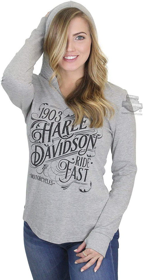 Harley-Davidson Womens Filigree Ride Fast V-Neck Grey Long Sleeve Hoodie