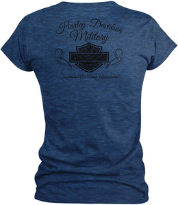 Harley-Davidson Military - Women's Slim Fit Royal Blue V-Neck T-Shirt with Foil Graphics - Kandahar Air Base | Harvest