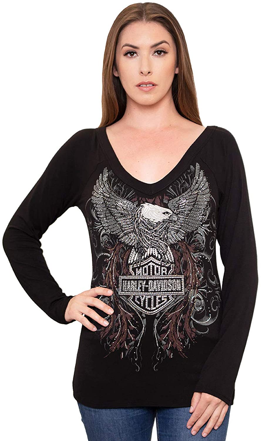 Harley-Davidson Womens Damocles Eagle B&S V-Neck Black Long Sleeve T-Shirt