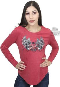 Harley-Davidson Womens Humble Brag Winged Banner Red Long Sleeve T-Shirt