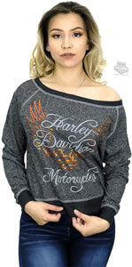 Harley-Davidson Womens Cursive Heart Winged B&S Black Long Sleeve Sweatshirt