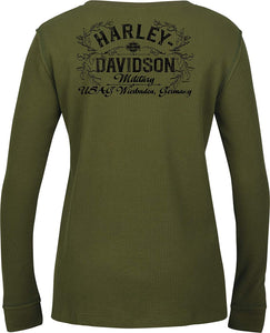 Harley-Davidson Military - Women's Olive Green Long-Sleeve Henley Thermal Shirt - USAG Wiesbaden | Mended Placket