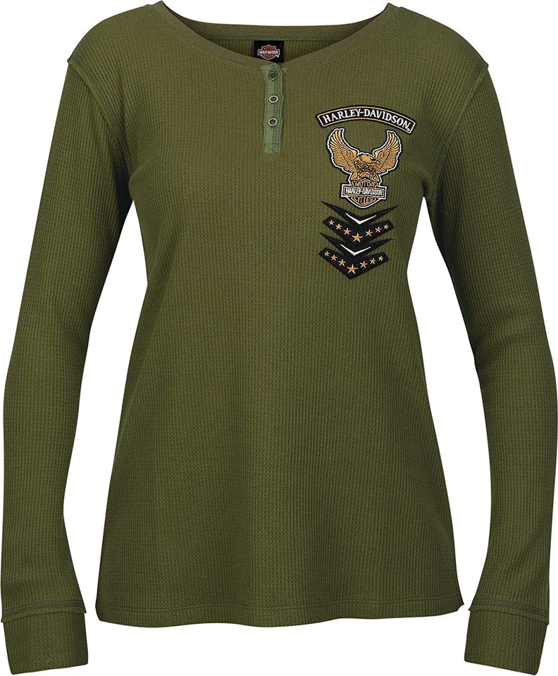 Harley-Davidson Military - Women's Olive Green Long-Sleeve Henley Thermal Shirt - USAG Wiesbaden | Mended Placket